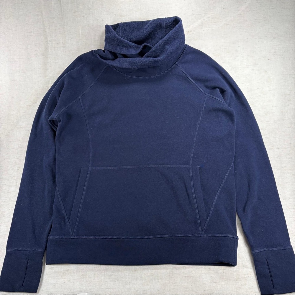 Athleta Navy Fleece Pullover Sweatshirt Cowl Neck Kangaroo Pocket Women M
